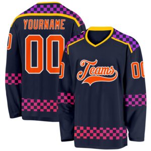 Custom Navy Orange Purple Pink-White 3D Pattern Plaid Hockey Jersey