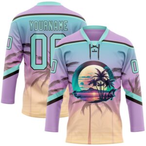 Custom Light Purple Ice Blue-Brown 3D Pattern Gradient Hawaii Tropical Palm Trees Hockey Lace Neck Jersey