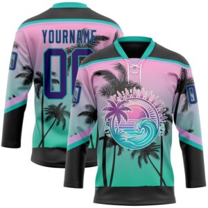 Custom Black Purple Pink-Aqua 3D Pattern Gradient Hawaii Tropical Palm Trees Hockey Lace Neck Jersey