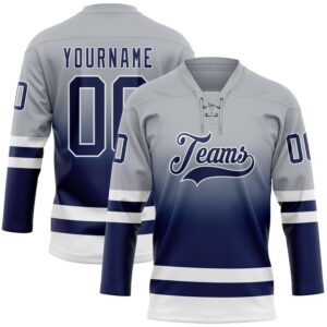Custom Gray Navy-White Fade Fashion Hockey Lace Neck Jersey